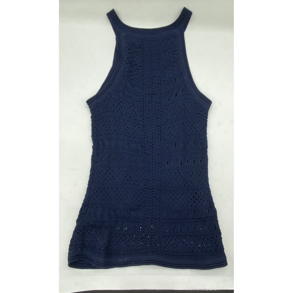 New York & Company Navy Blue Pointelle Crochet Knit Halter Tank Top Womens Small